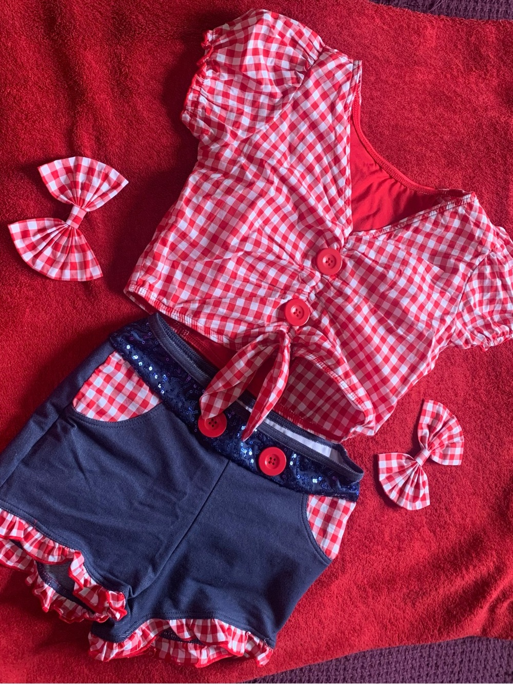 Red Gingham Tie-Front Top & Navy Ruffle Shorts Set
